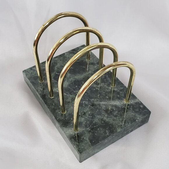 Vintage Green Marble Stone Brass Letter Holder, Vintage MCM Desk Organizer - Picture 9 of 12